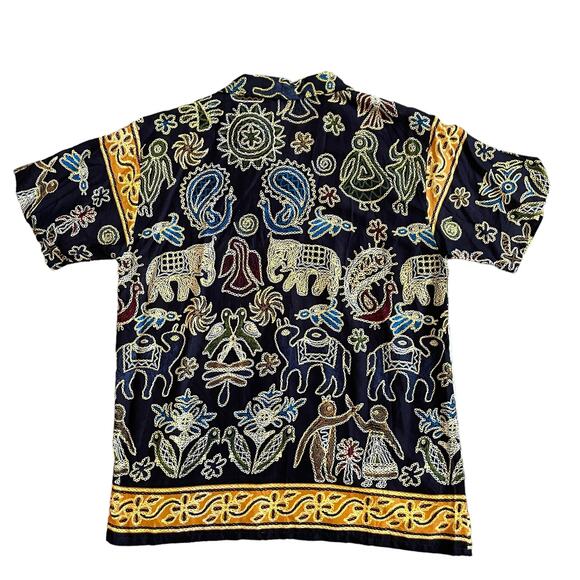 Vintage Men's L Ethnic Rayon Short Sleeve Hawaiian Shirt Mix Print Black Multi - Picture 4 of 15